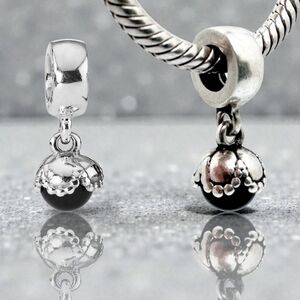 Pandora Sterling Silver Onyx Drop "Mi Amor" Dangle Bead Charm Retired